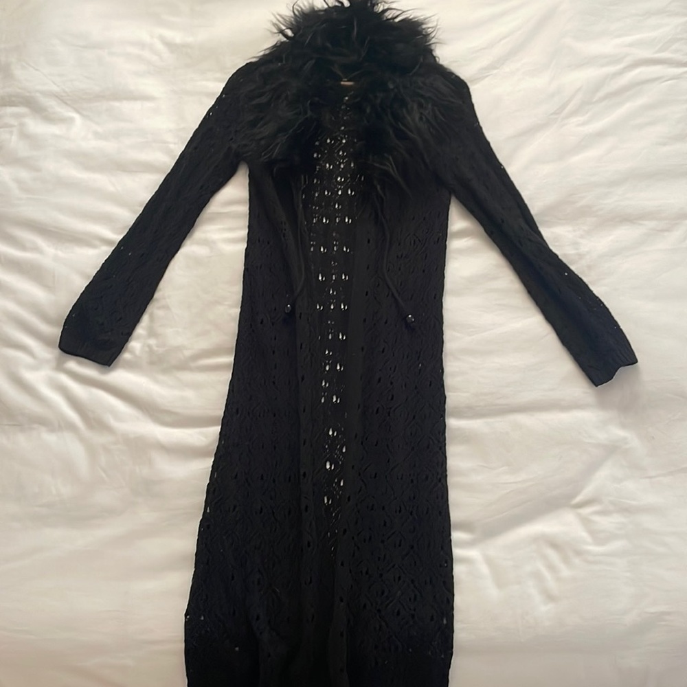 Urban Outfitters midi pointelle faux fur trim cardigan